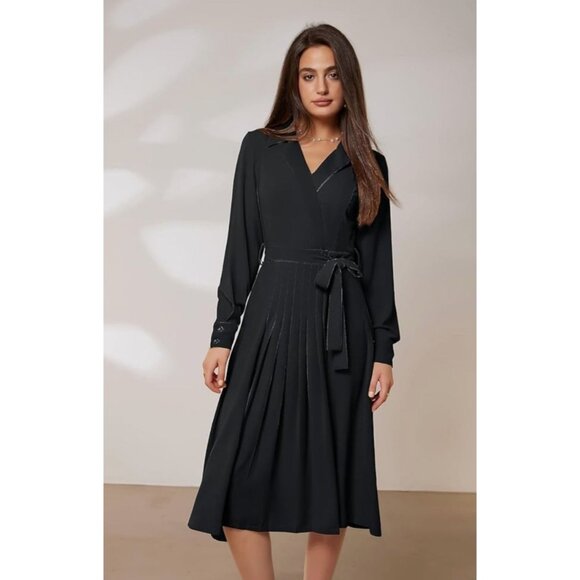 Grace Karin Womens Black Long Sleeve Wrap Midi Dress Size 2XL Church Elegant - Picture 3 of 12